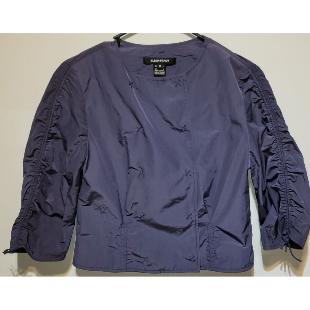 Ellen Tracy Cropped Double-Breasted Jacket Slate Blue Sz 2 Ruched 3/4 Sleeve